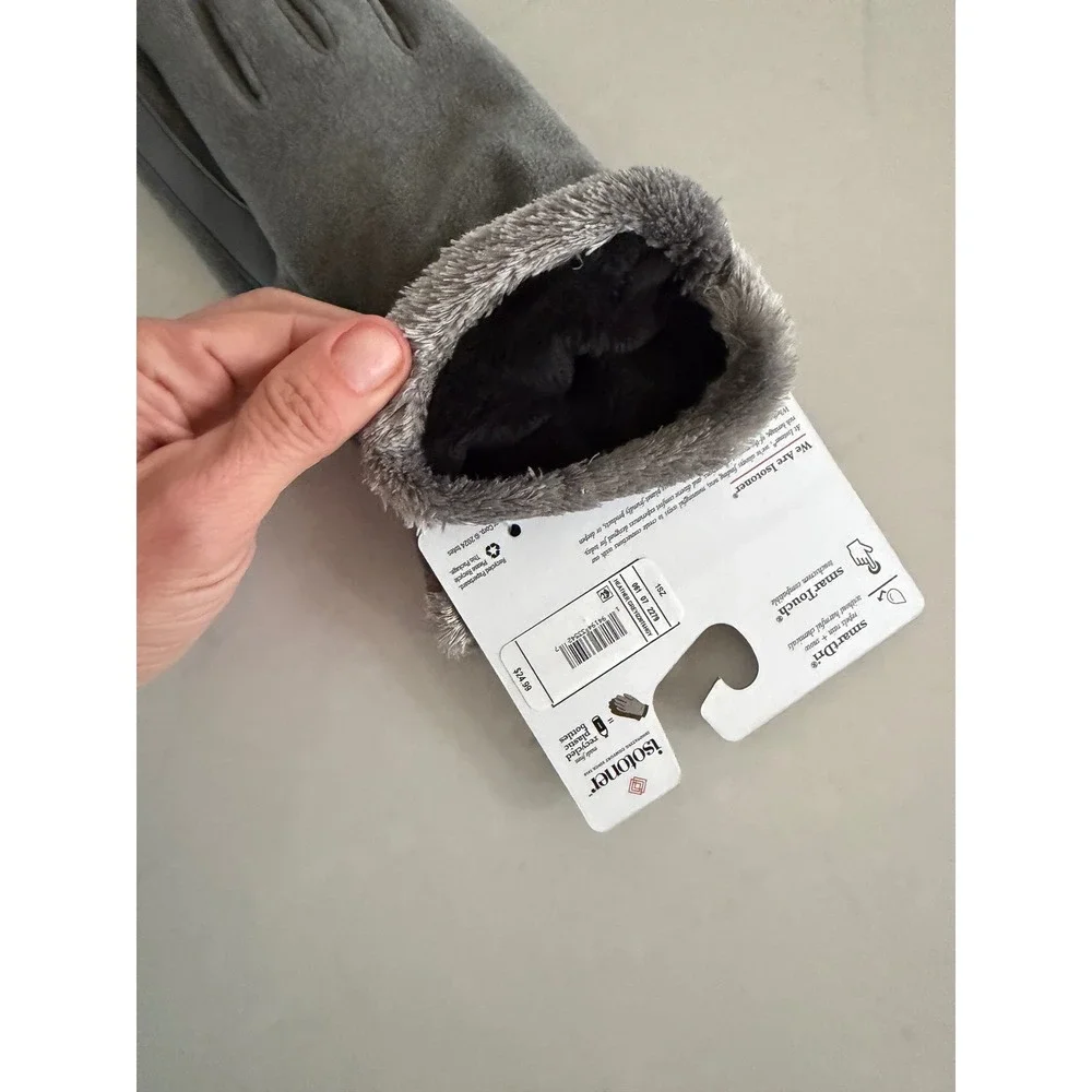Isotoner Womens smartDri Touchscreen Gloves Gray Faux Fur Trim Fleece Lined NWT - Picture 4 of 4